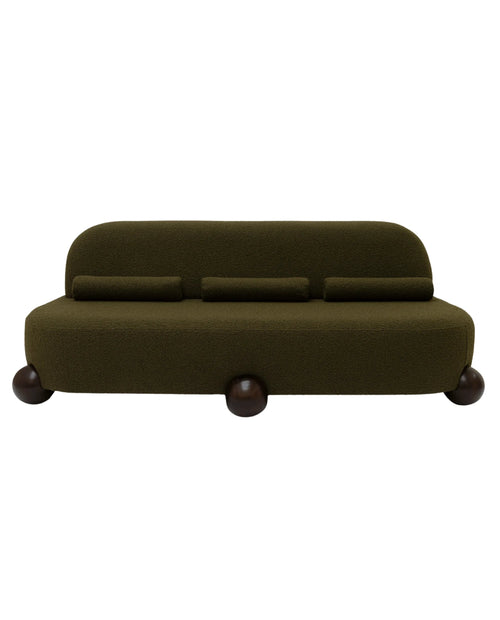 Altı meşe top ayak, üç silindirik yastık ve bouclé kumaş kaplamalı modern Lina Koltuk