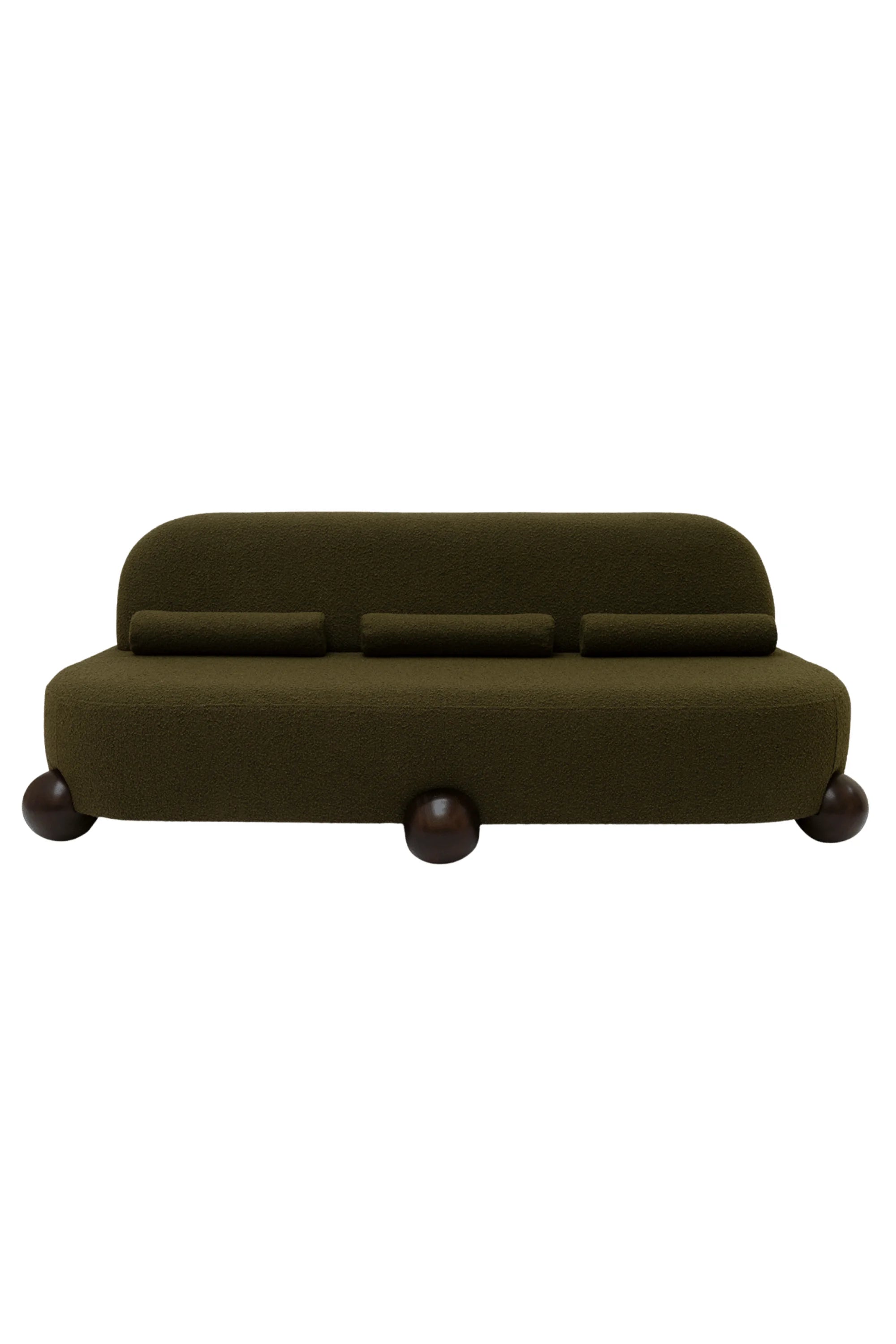 Altı meşe top ayak, üç silindirik yastık ve bouclé kumaş kaplamalı modern Lina Koltuk