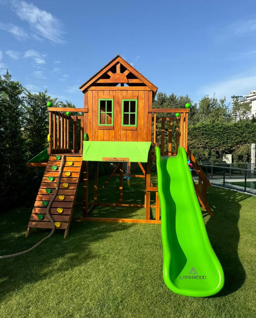 Bahçe için ahşap oyun evi, çocuk macera parkı ve tırmanma platformu – Latanwood